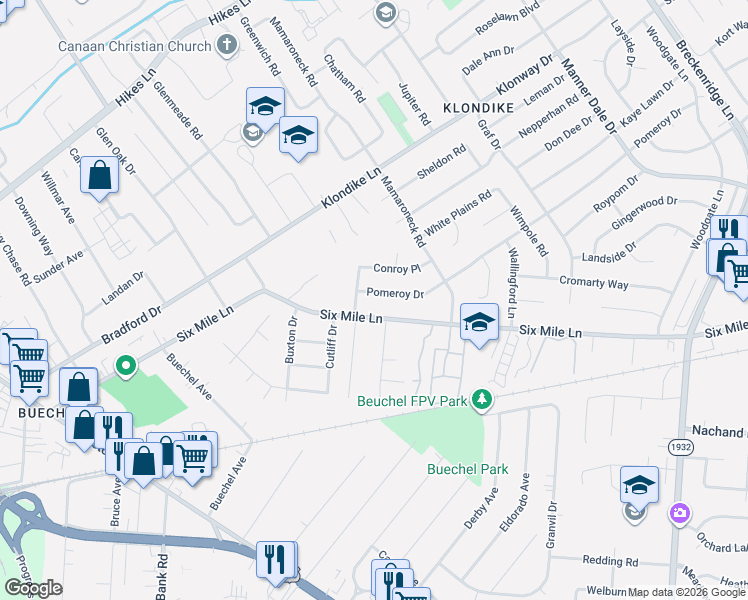 map of restaurants, bars, coffee shops, grocery stores, and more near 2810 Pomeroy Drive in Louisville