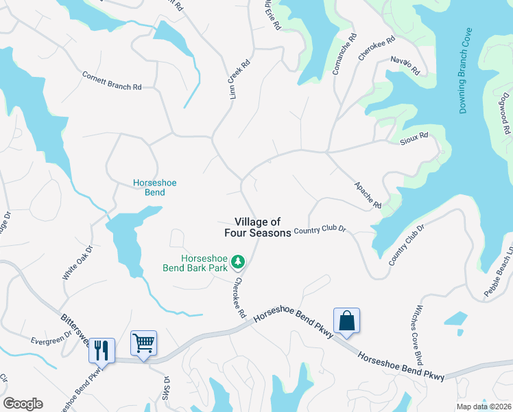 map of restaurants, bars, coffee shops, grocery stores, and more near Cherokee Road in Village of Four Seasons