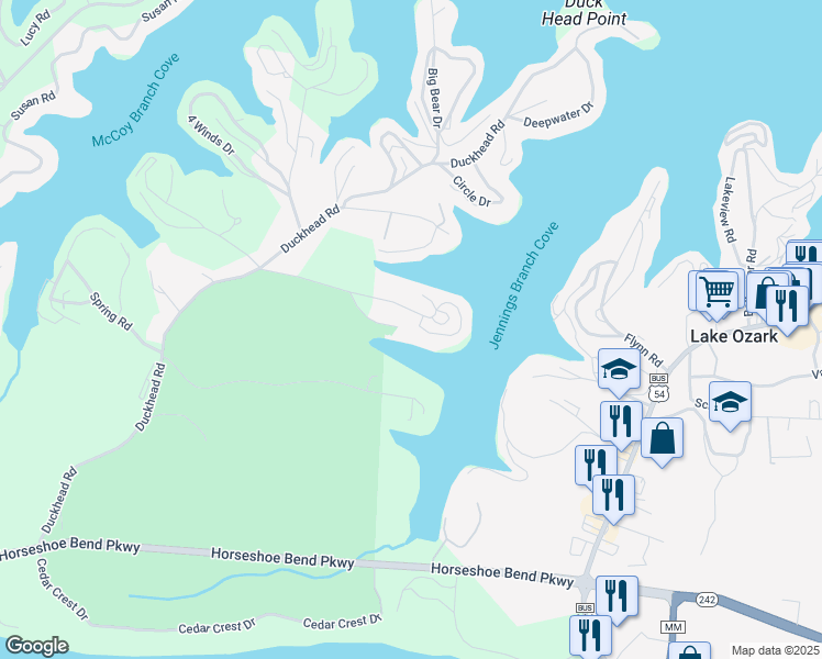 map of restaurants, bars, coffee shops, grocery stores, and more near 256-262 Claralyn Woods Drive in Lake Ozark