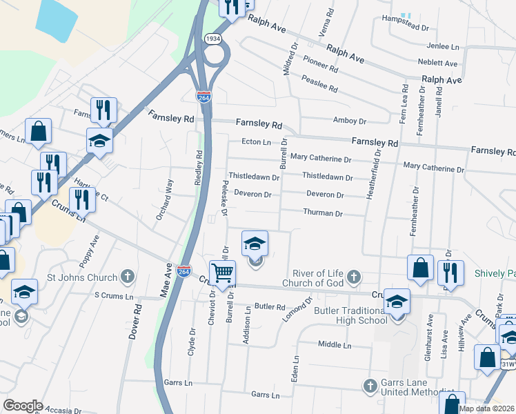 map of restaurants, bars, coffee shops, grocery stores, and more near 2309 Thurman Drive in Louisville
