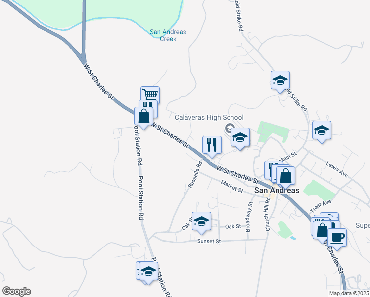 map of restaurants, bars, coffee shops, grocery stores, and more near 369 West Saint Charles Street in San Andreas