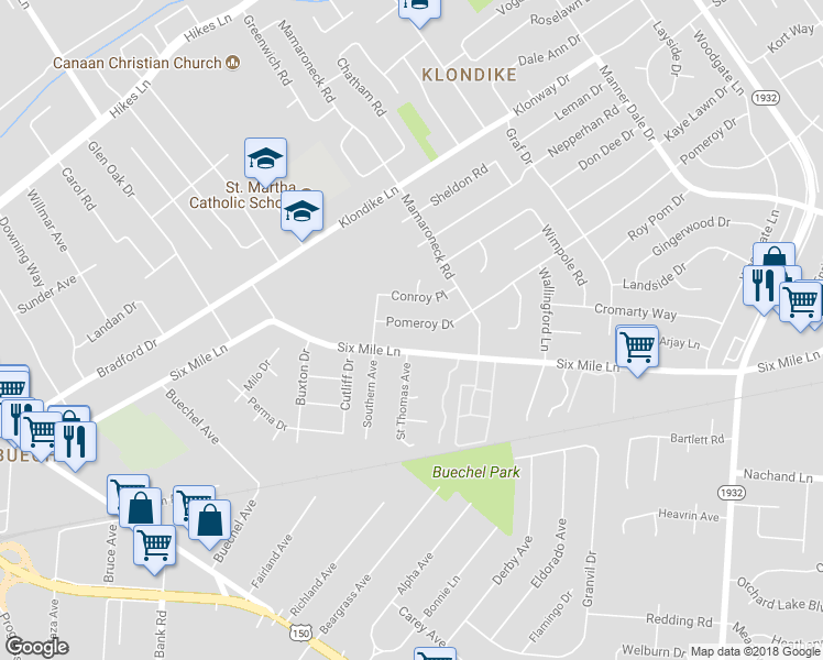 map of restaurants, bars, coffee shops, grocery stores, and more near 2810 Pomeroy Drive in Louisville