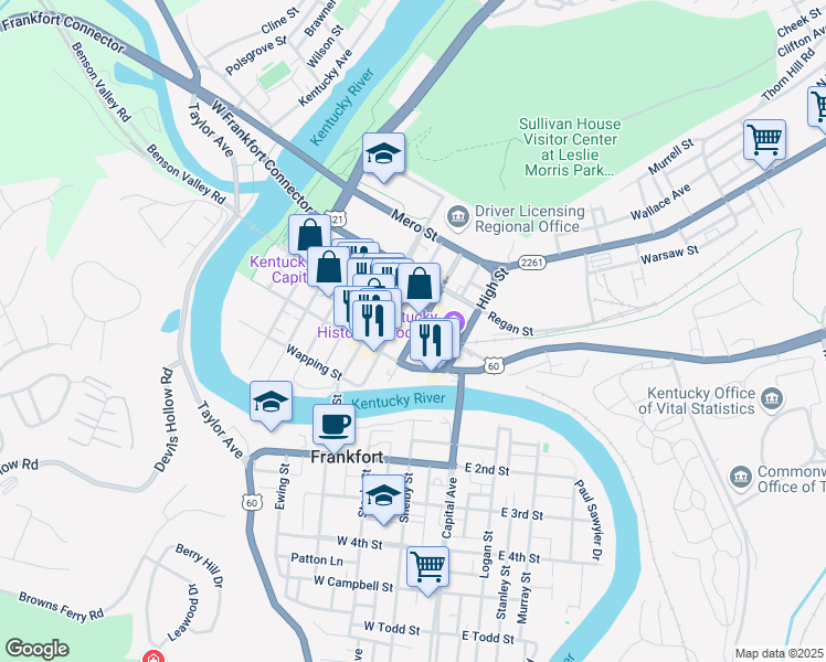 map of restaurants, bars, coffee shops, grocery stores, and more near 330 Ann Street in Frankfort