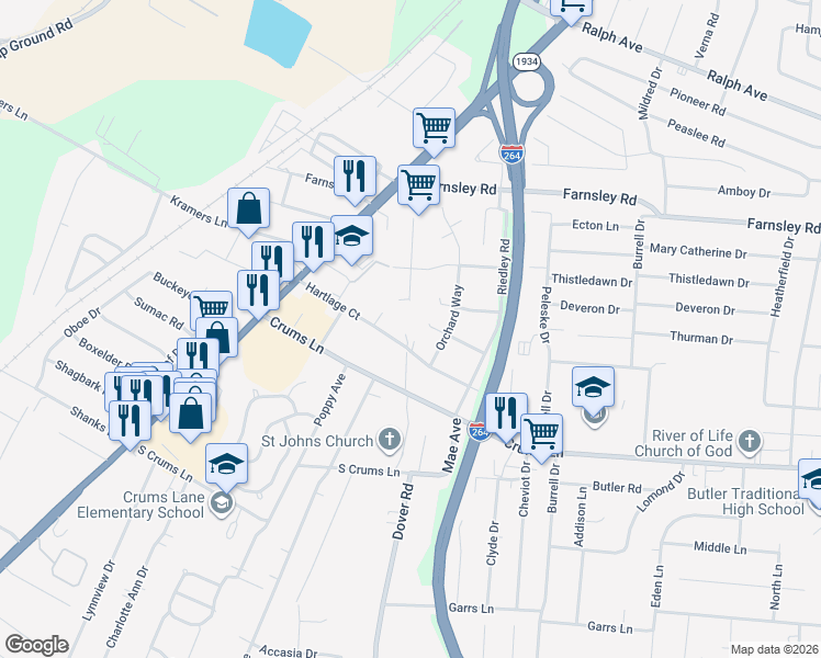 map of restaurants, bars, coffee shops, grocery stores, and more near 3111 Hartlage Court in Louisville
