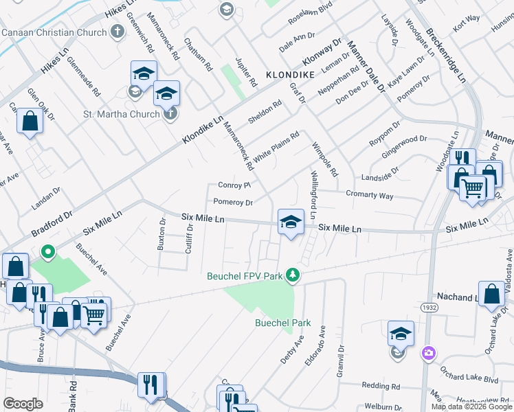 map of restaurants, bars, coffee shops, grocery stores, and more near 2826 Pomeroy Drive in Louisville