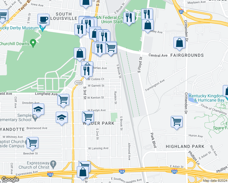 map of restaurants, bars, coffee shops, grocery stores, and more near 3928 Rankin Street in Louisville