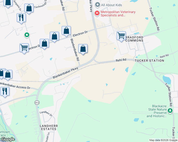 map of restaurants, bars, coffee shops, grocery stores, and more near 11800 Rehl Road in Louisville