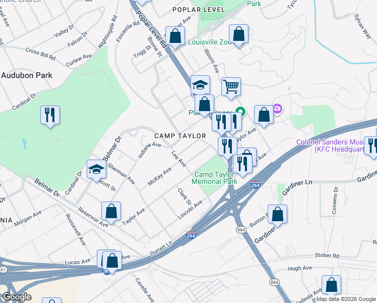 map of restaurants, bars, coffee shops, grocery stores, and more near 1608 Grove Avenue in Louisville