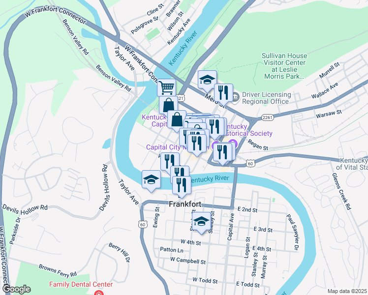 map of restaurants, bars, coffee shops, grocery stores, and more near 304 Catfish Alley in Frankfort