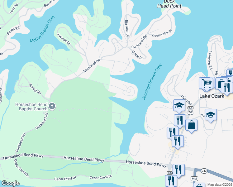 map of restaurants, bars, coffee shops, grocery stores, and more near 298 Claralyn Woods Drive in Lake Ozark