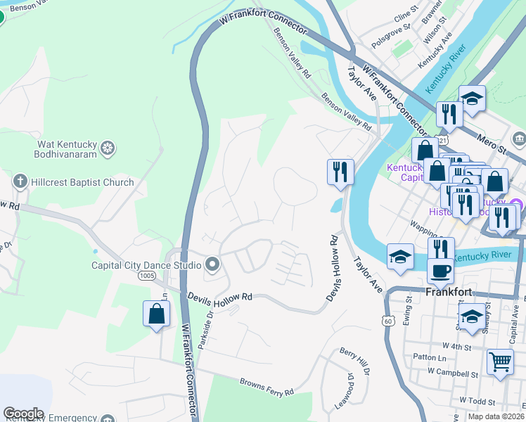 map of restaurants, bars, coffee shops, grocery stores, and more near 203 Crown Point Drive in Frankfort