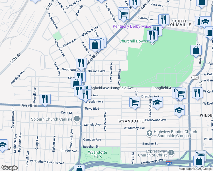 map of restaurants, bars, coffee shops, grocery stores, and more near 1033 Longfield Avenue in Louisville