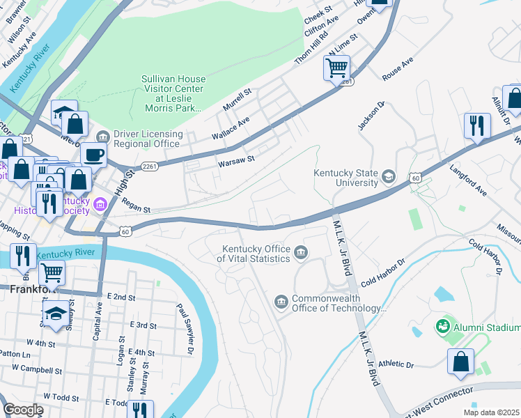 map of restaurants, bars, coffee shops, grocery stores, and more near 7 Ashmore Drive in Frankfort