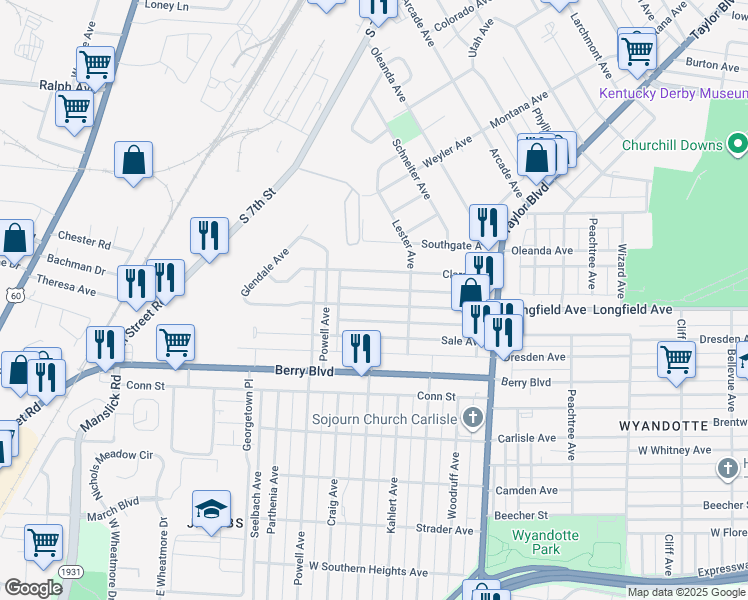 map of restaurants, bars, coffee shops, grocery stores, and more near 1525 Longfield Avenue in Louisville