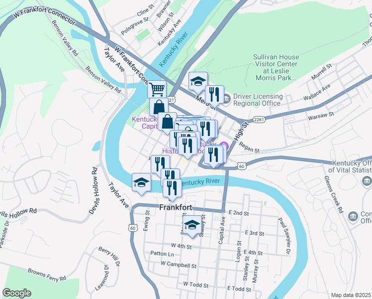 map of restaurants, bars, coffee shops, grocery stores, and more near 313 Saint Clair Street in Frankfort