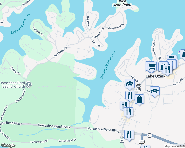 map of restaurants, bars, coffee shops, grocery stores, and more near 394 Highline Drive in Lake Ozark