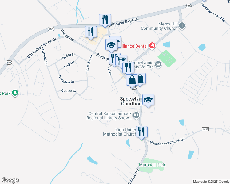 map of restaurants, bars, coffee shops, grocery stores, and more near 404 Pool Drive in Spotsylvania