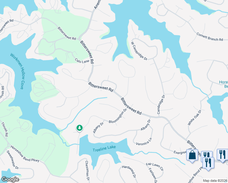 map of restaurants, bars, coffee shops, grocery stores, and more near 892 Bittersweet Road in Village of Four Seasons