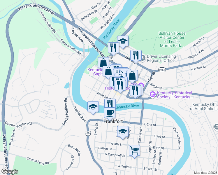 map of restaurants, bars, coffee shops, grocery stores, and more near 329 West Main Street in Frankfort