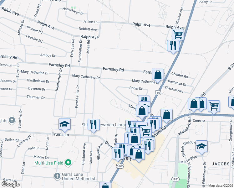 map of restaurants, bars, coffee shops, grocery stores, and more near 1840 Nobel Place in Louisville