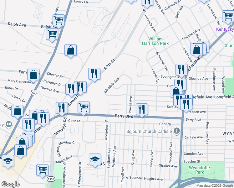 map of restaurants, bars, coffee shops, grocery stores, and more near 1633 Longfield Avenue in Louisville