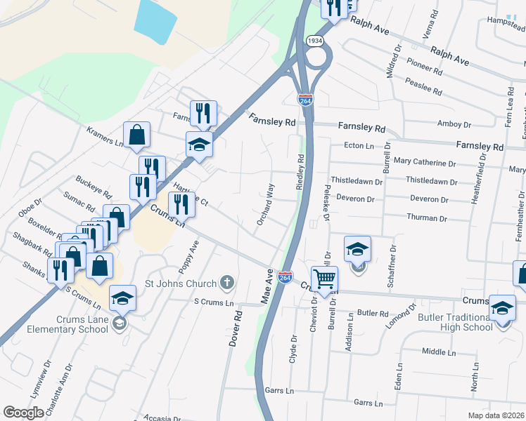 map of restaurants, bars, coffee shops, grocery stores, and more near 3029 Saint Dennis Avenue in Louisville