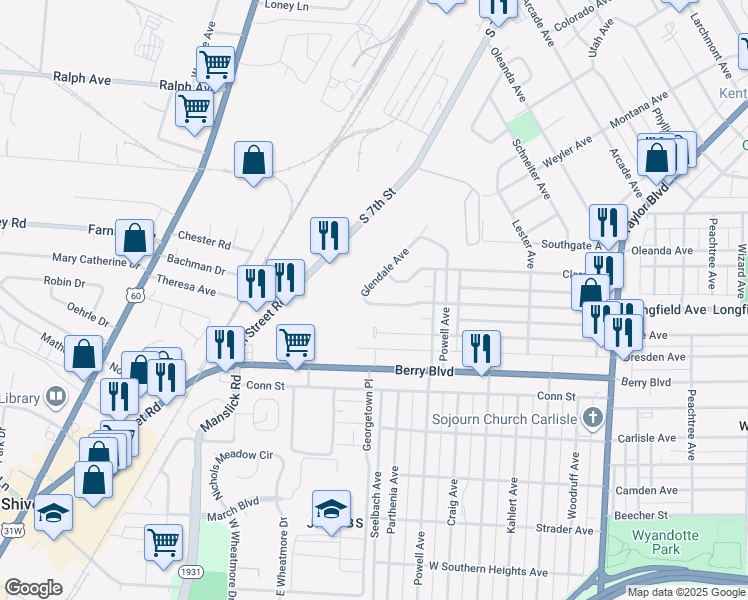 map of restaurants, bars, coffee shops, grocery stores, and more near 1641 Longfield Avenue in Louisville