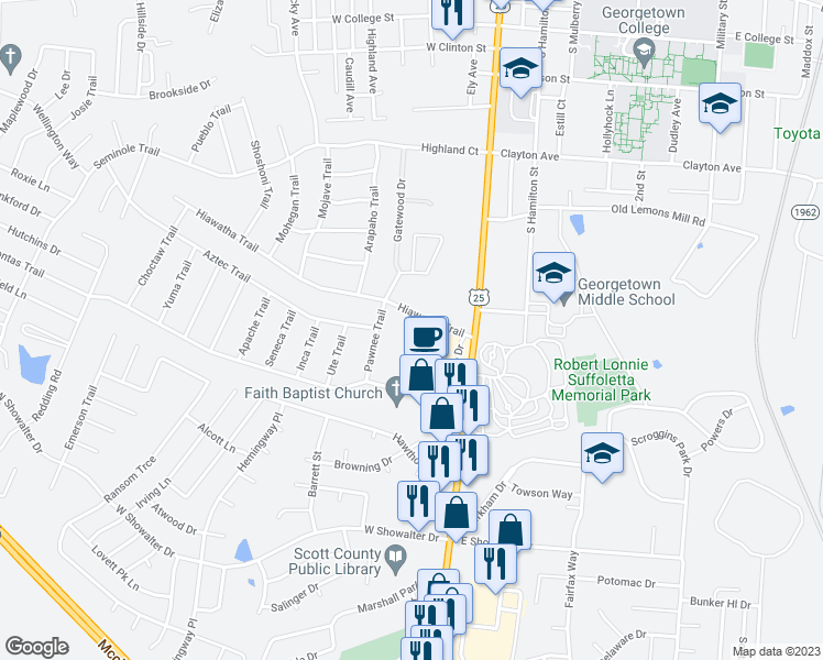 map of restaurants, bars, coffee shops, grocery stores, and more near 120 Hiawatha Trail in Georgetown