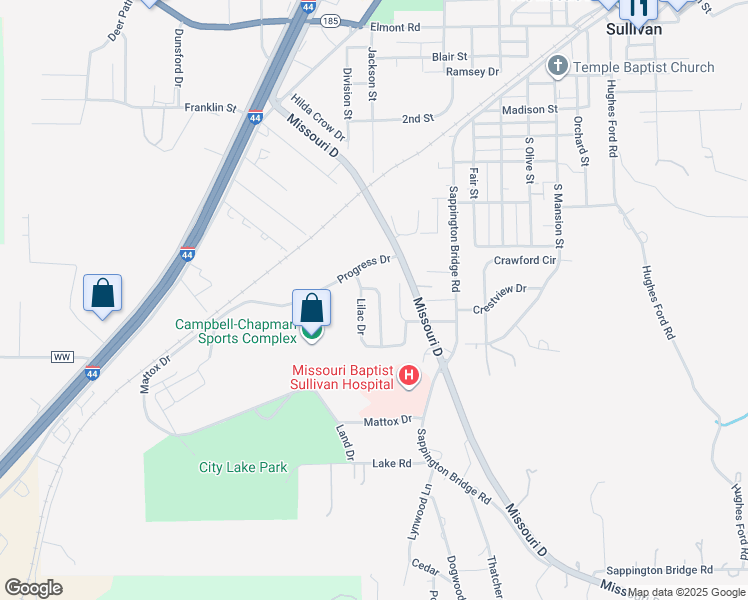 map of restaurants, bars, coffee shops, grocery stores, and more near 569 Bon Oaks Drive in Sullivan