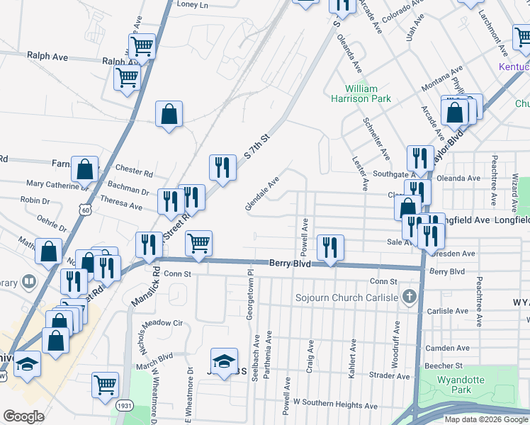 map of restaurants, bars, coffee shops, grocery stores, and more near 1633 Longfield Avenue in Louisville