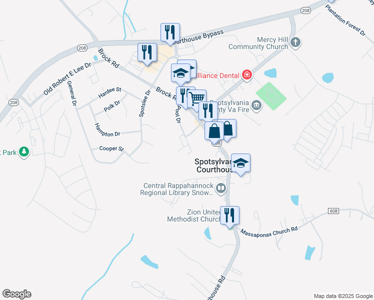map of restaurants, bars, coffee shops, grocery stores, and more near 404 Pool Drive in Spotsylvania