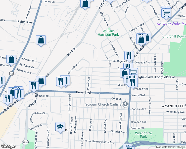 map of restaurants, bars, coffee shops, grocery stores, and more near 1549 Longfield Avenue in Louisville