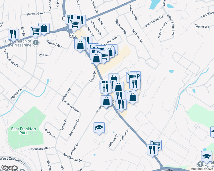 map of restaurants, bars, coffee shops, grocery stores, and more near 107 Lincoln Drive in Frankfort