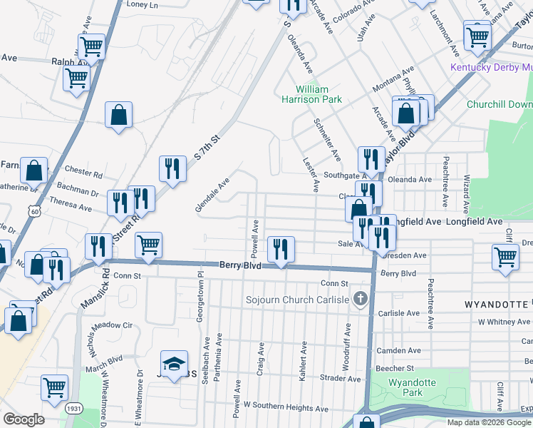 map of restaurants, bars, coffee shops, grocery stores, and more near 1549 Longfield Avenue in Louisville