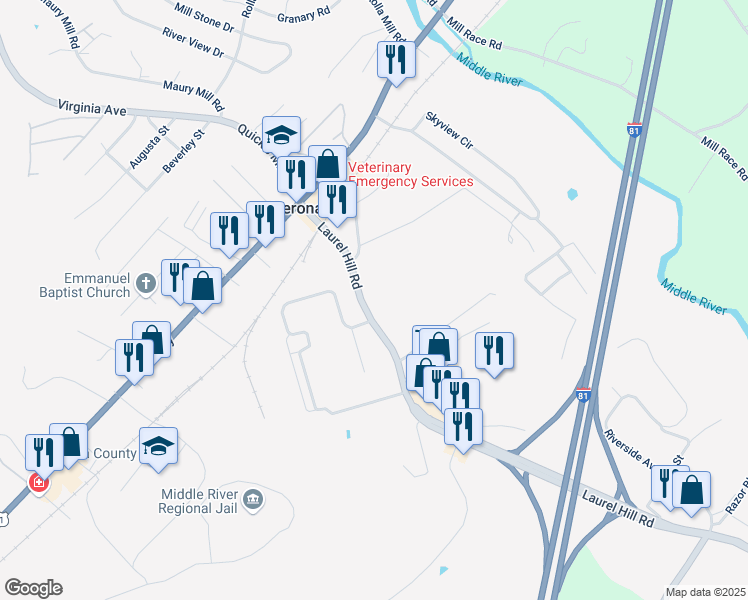 map of restaurants, bars, coffee shops, grocery stores, and more near 110 Laurel Hill Road in Verona