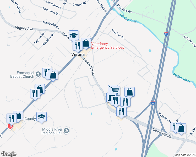 map of restaurants, bars, coffee shops, grocery stores, and more near 110 Laurel Hill Road in Verona