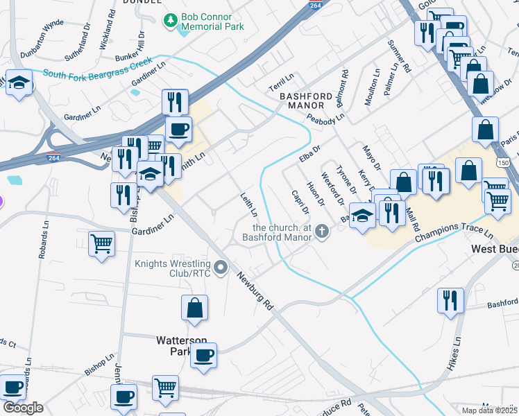 map of restaurants, bars, coffee shops, grocery stores, and more near 3509 Leith Lane in Louisville