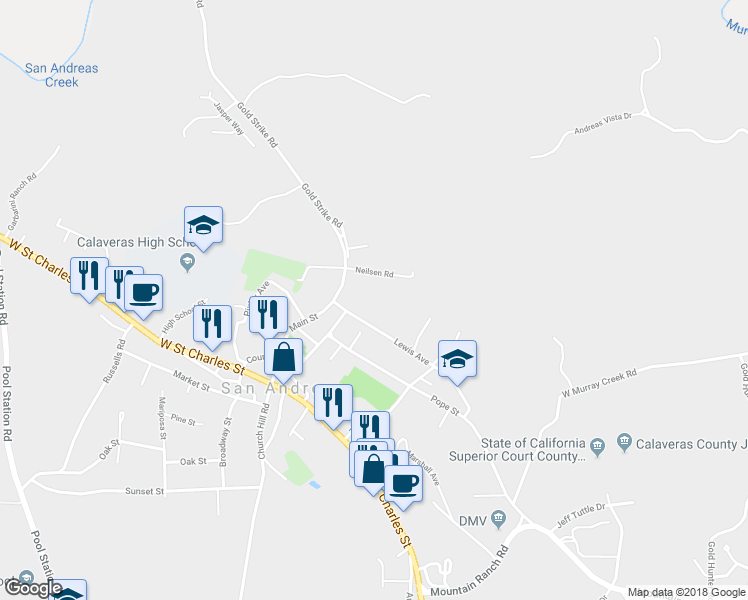 map of restaurants, bars, coffee shops, grocery stores, and more near 255 Lewis Avenue in San Andreas
