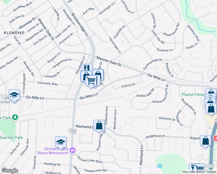 map of restaurants, bars, coffee shops, grocery stores, and more near 7402 6 Mile Lane in Louisville