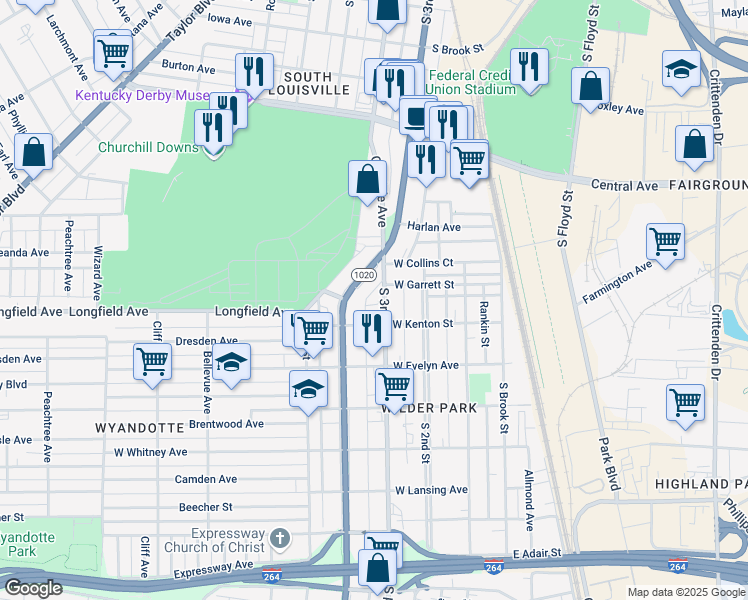 map of restaurants, bars, coffee shops, grocery stores, and more near 3910 South 3rd Street in Louisville
