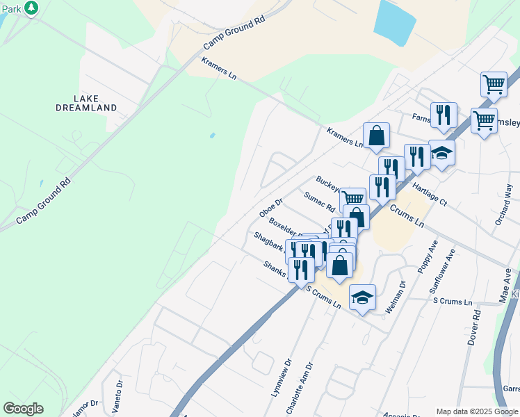 map of restaurants, bars, coffee shops, grocery stores, and more near 3810 Oboe Drive in Louisville
