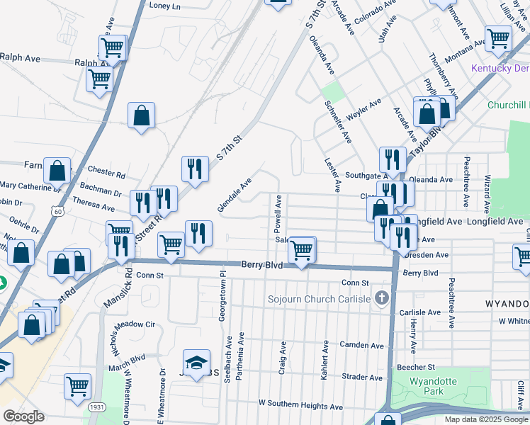 map of restaurants, bars, coffee shops, grocery stores, and more near 1609 Longfield Avenue in Louisville