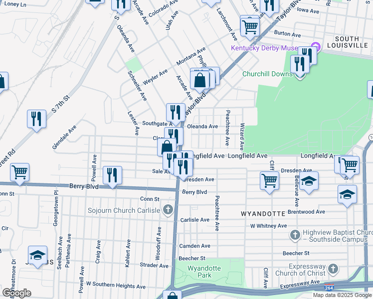 map of restaurants, bars, coffee shops, grocery stores, and more near 3419 Taylor Boulevard in Louisville