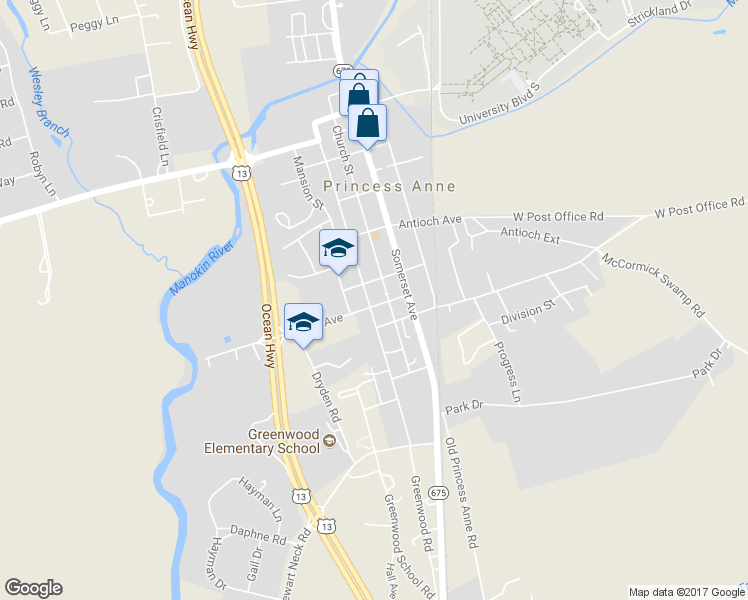 map of restaurants, bars, coffee shops, grocery stores, and more near 30538 Linden Avenue in Princess Anne