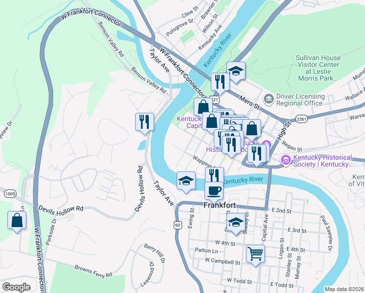 map of restaurants, bars, coffee shops, grocery stores, and more near 202 Wilkinson Street in Frankfort