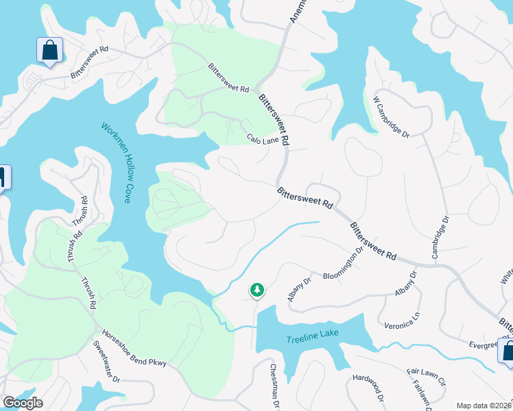 map of restaurants, bars, coffee shops, grocery stores, and more near 114 Columbine Road in Village of Four Seasons