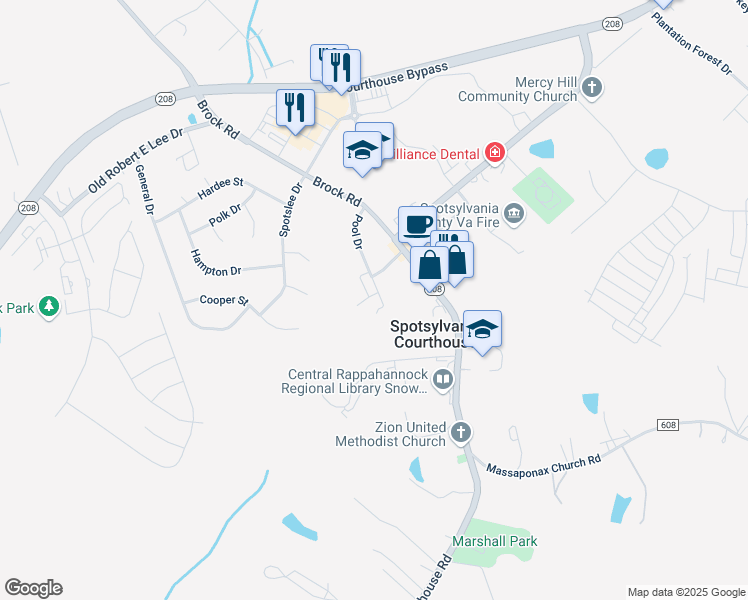 map of restaurants, bars, coffee shops, grocery stores, and more near 402 Pool Drive in Spotsylvania Courthouse