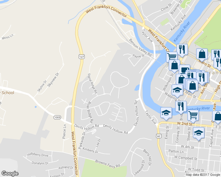 map of restaurants, bars, coffee shops, grocery stores, and more near 203 Crown Point Drive in Frankfort