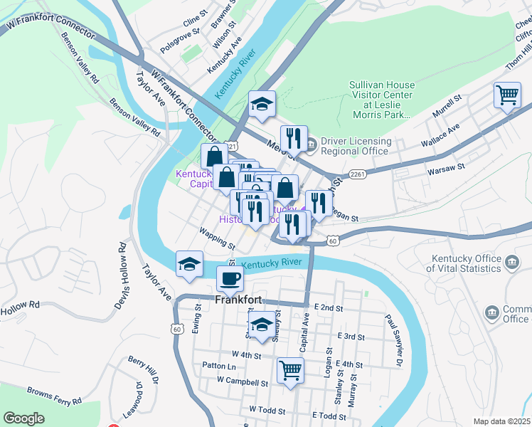 map of restaurants, bars, coffee shops, grocery stores, and more near 313 Saint Clair Street in Frankfort