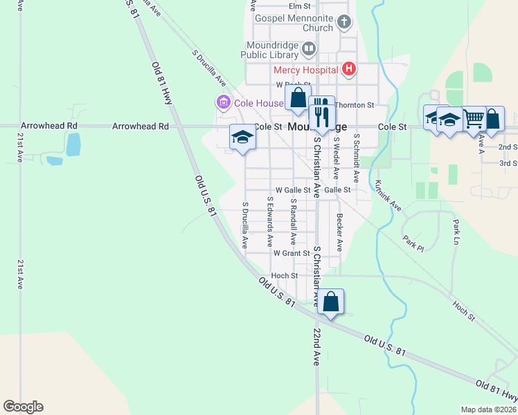 map of restaurants, bars, coffee shops, grocery stores, and more near 316 West Ruth Street in Moundridge